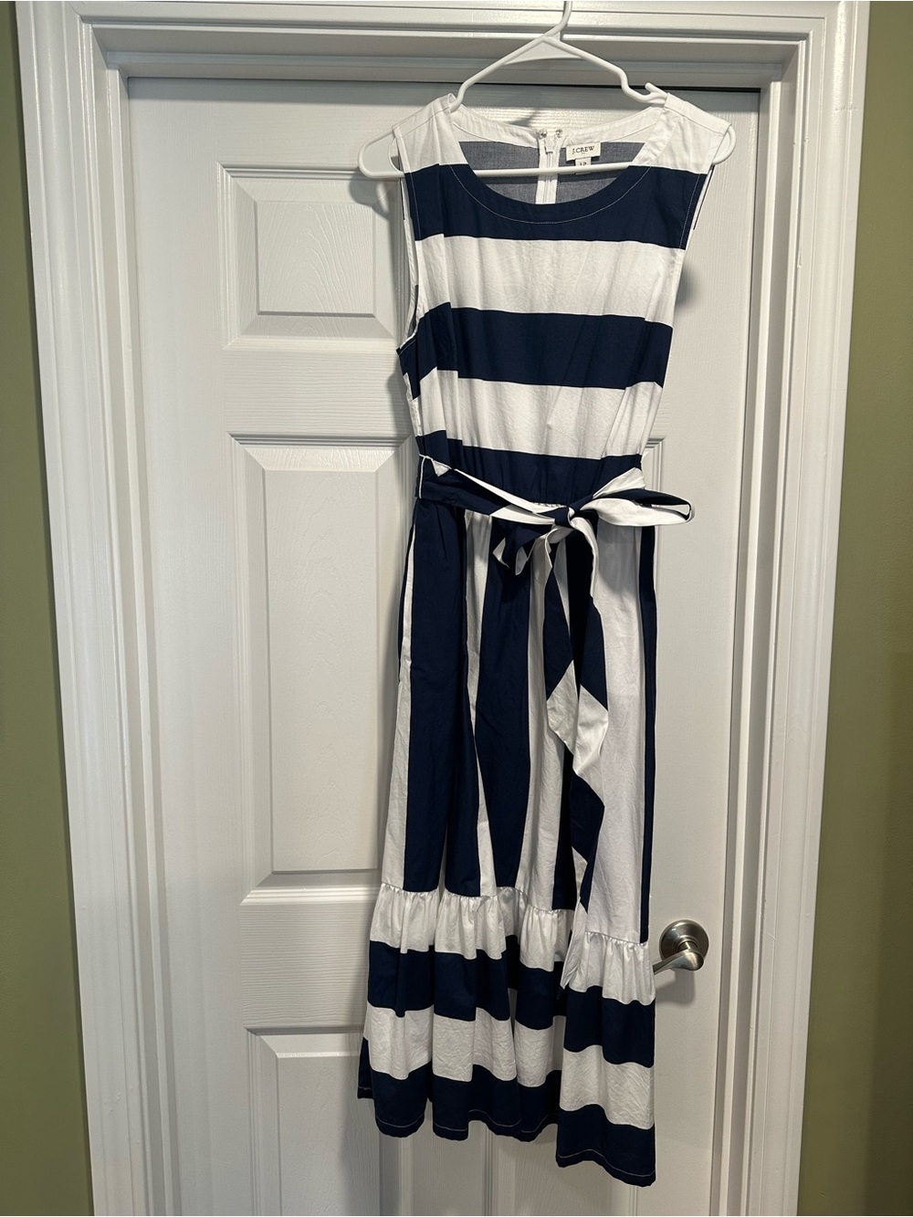 J. Crew Navy and White Striped Sleeveless Maxi Dress with Tie Belt